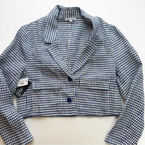Reformation Elton Gingham Linen Set Cropped Blazer and Mini Skirt - Picture 7 of 11
